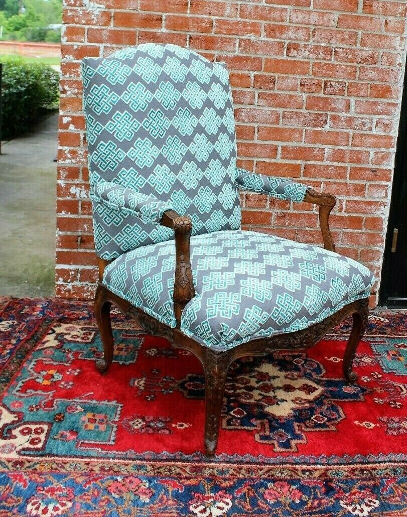 French Antique Louis XV Armchair c.1880s | New Blue & Purple Upholstery