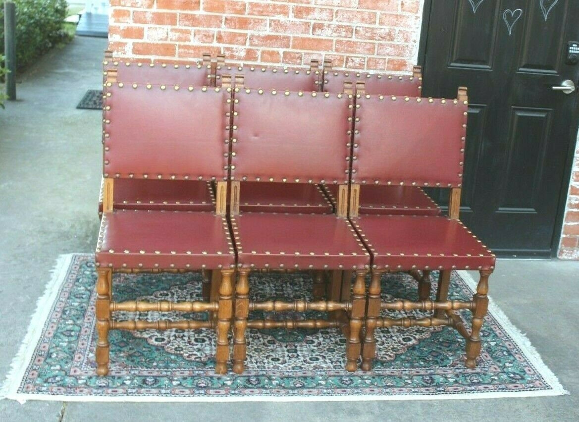 Set of 6 French Louis XIV Oak Chairs | Antique Red Vinyl Renaissance Style