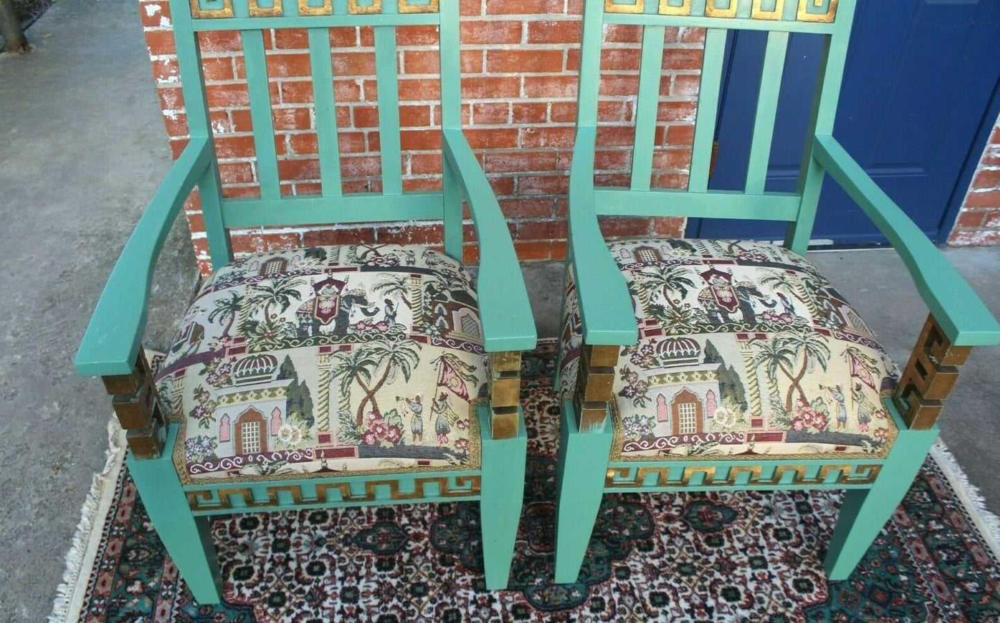 Set of 2 Vintage Greek Key Armchairs w/ Tapestry Seats & Painted Frames
