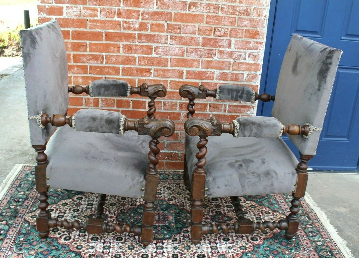 Pair French Antique Oak Louis XIII Armchairs c.1880 Barley Twist Set of 2