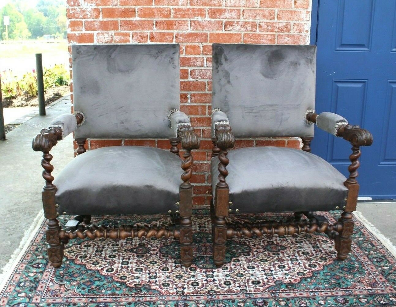 Pair French Antique Oak Louis XIII Armchairs c.1880 Barley Twist Set of 2