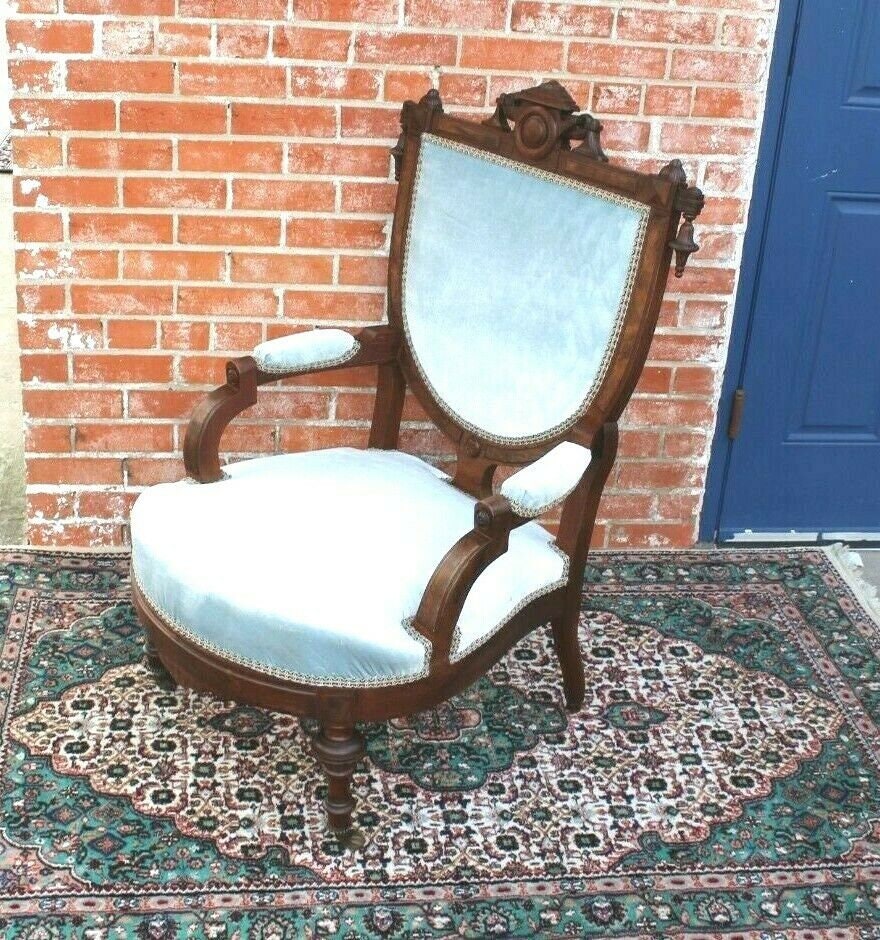 Antique Eastlake Mahogany Armchair w/ New Baby Blue Upholstery c.1880s