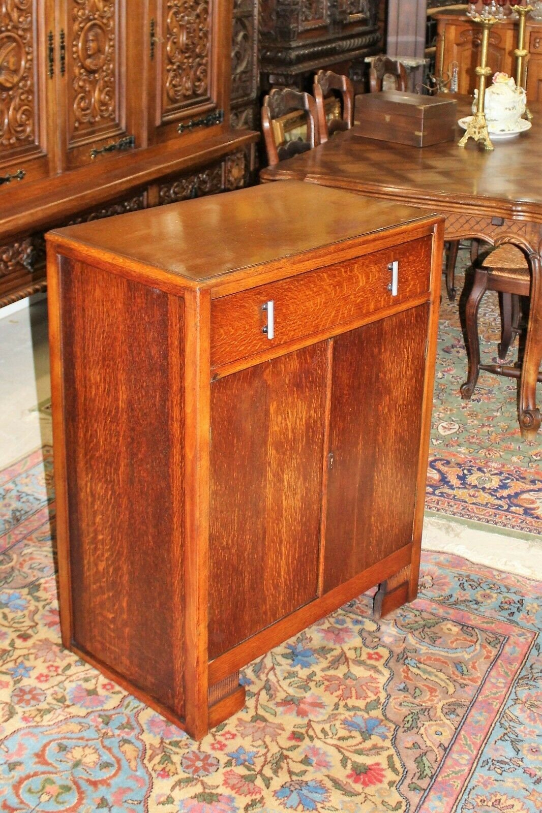 English Antique Oak Art Deco Armoire Wardrobe Bedside Cabinet c.1930s