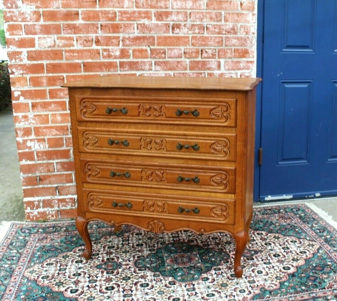 French Oak Louis XV Chest | 4-Drawer Small Antique Dresser w/ Carved Detail