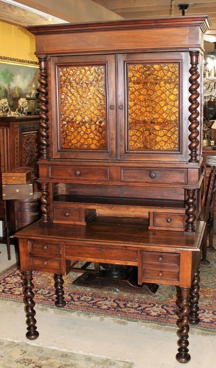 French Louis XIII Secretary Desk | Antique Hutch with Stained Glass Bookcase