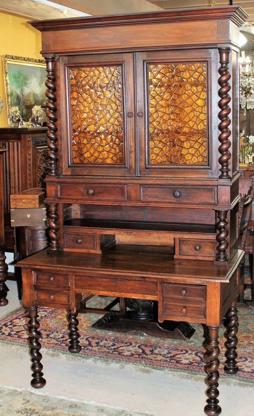 French Louis XIII Secretary Desk | Antique Hutch with Stained Glass Bookcase