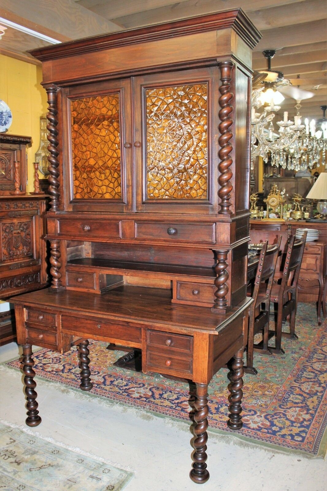French Louis XIII Secretary Desk | Antique Hutch with Stained Glass Bookcase