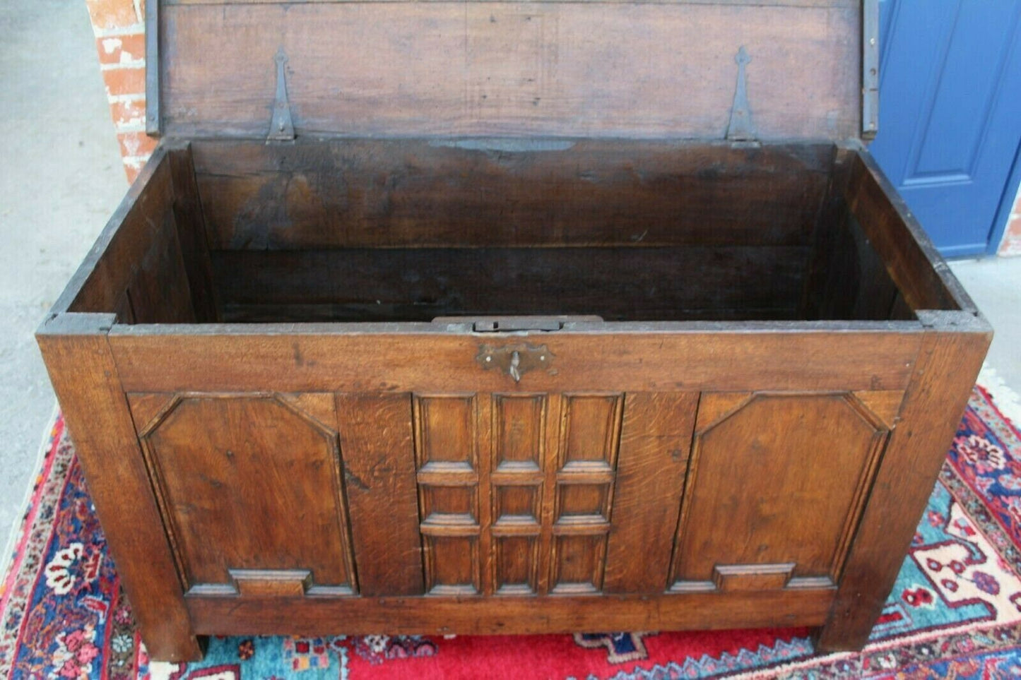 French Antique Dark Oak Renaissance Trunk | Chest with Carved Panel Storage
