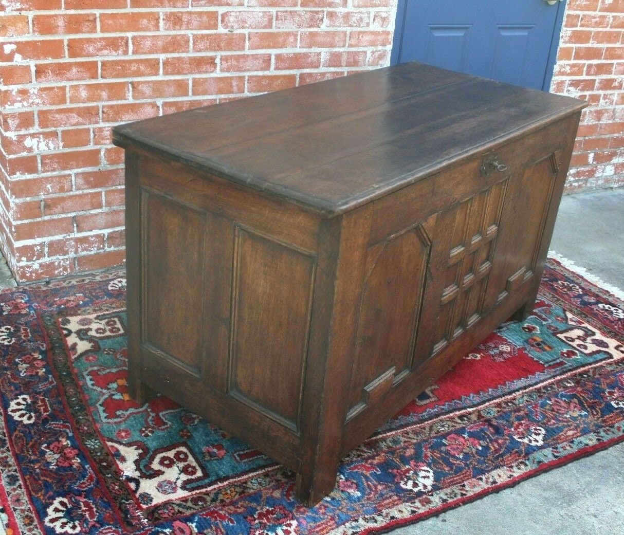 French Antique Dark Oak Renaissance Trunk | Chest with Carved Panel Storage