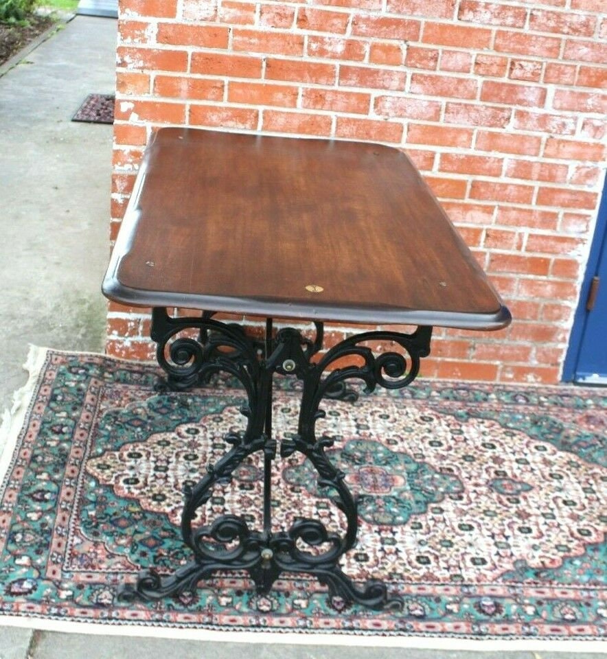 English Antique Cast Iron Base & Solid Oak Wood Top Thin Table / Desk | Home Office Furniture