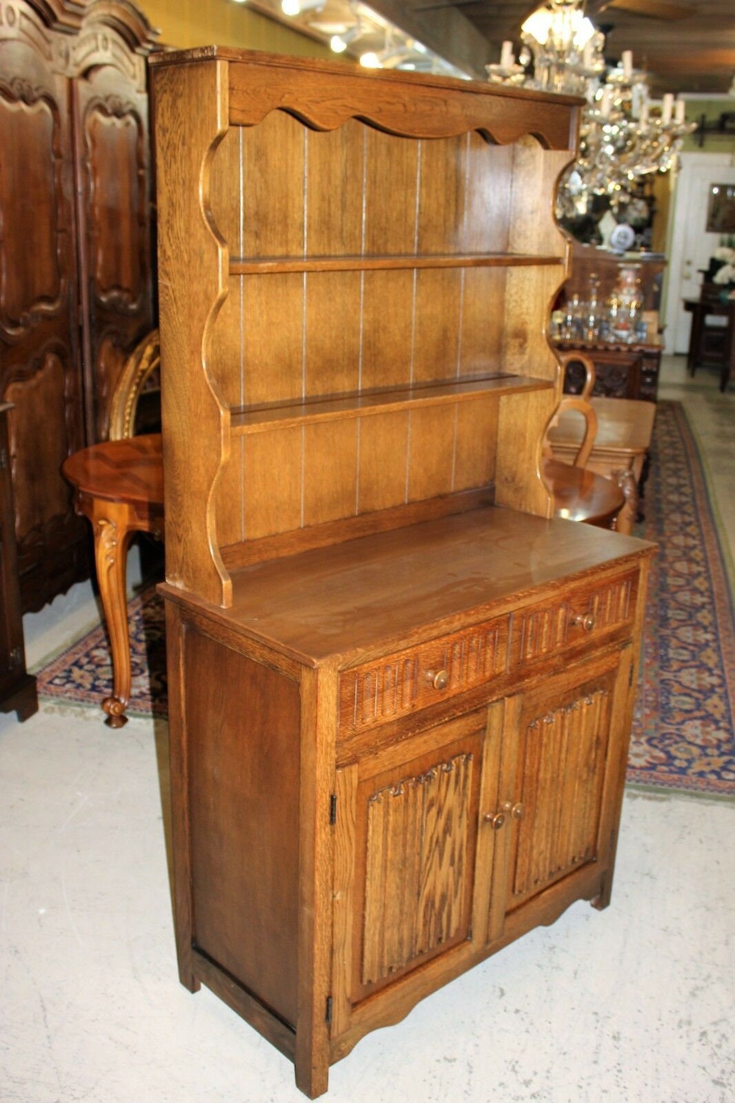English Oak Wood Brothers Welsh Cabinet w/ Plate Rack & Storage Drawers