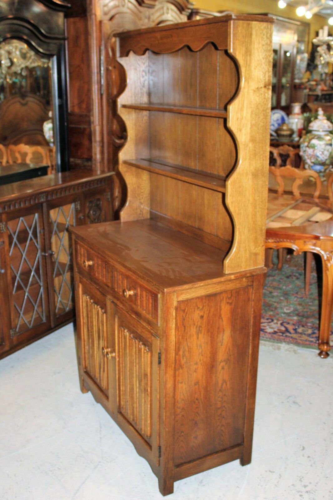 English Oak Wood Brothers Welsh Cabinet w/ Plate Rack & Storage Drawers