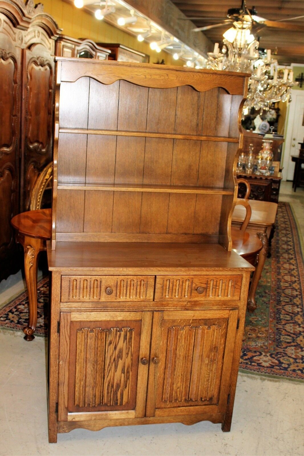 English Oak Wood Brothers Welsh Cabinet w/ Plate Rack & Storage Drawers