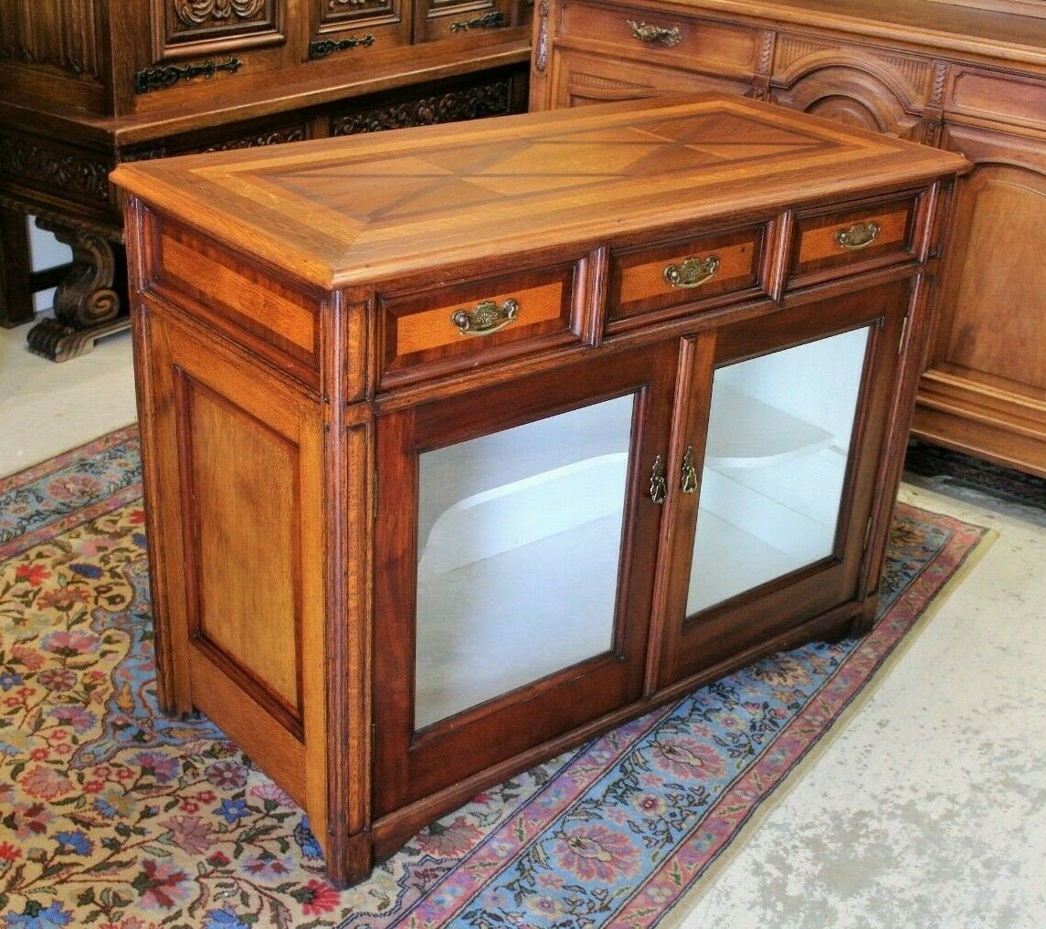 French Antique Inlaid Sideboard | Server Display Cabinet with Glass Doors