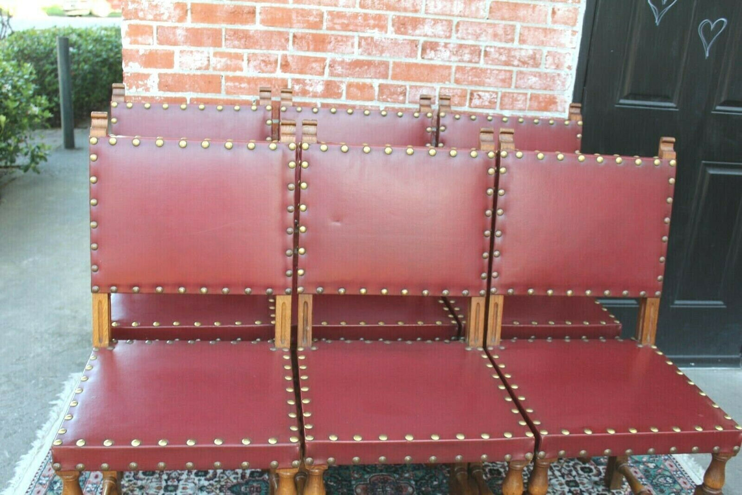 Set of 6 French Louis XIV Oak Chairs | Antique Red Vinyl Renaissance Style