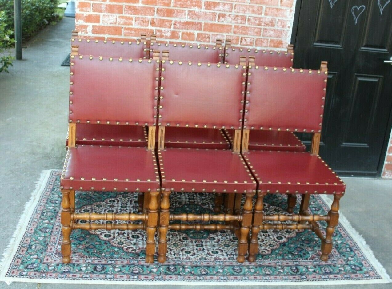 Set of 6 French Louis XIV Oak Chairs | Antique Red Vinyl Renaissance Style