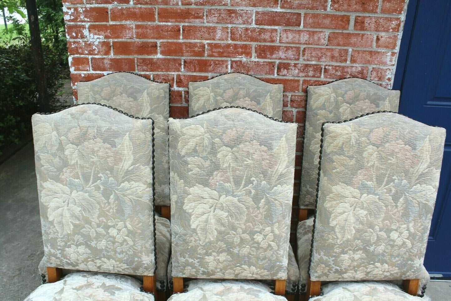 Set of 6 French Oak Louis XIV Upholstered Chairs | Green & White Fabric