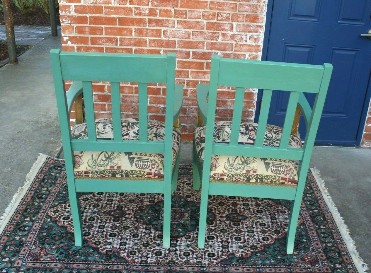 Set of 2 Vintage Greek Key Armchairs w/ Tapestry Seats & Painted Frames