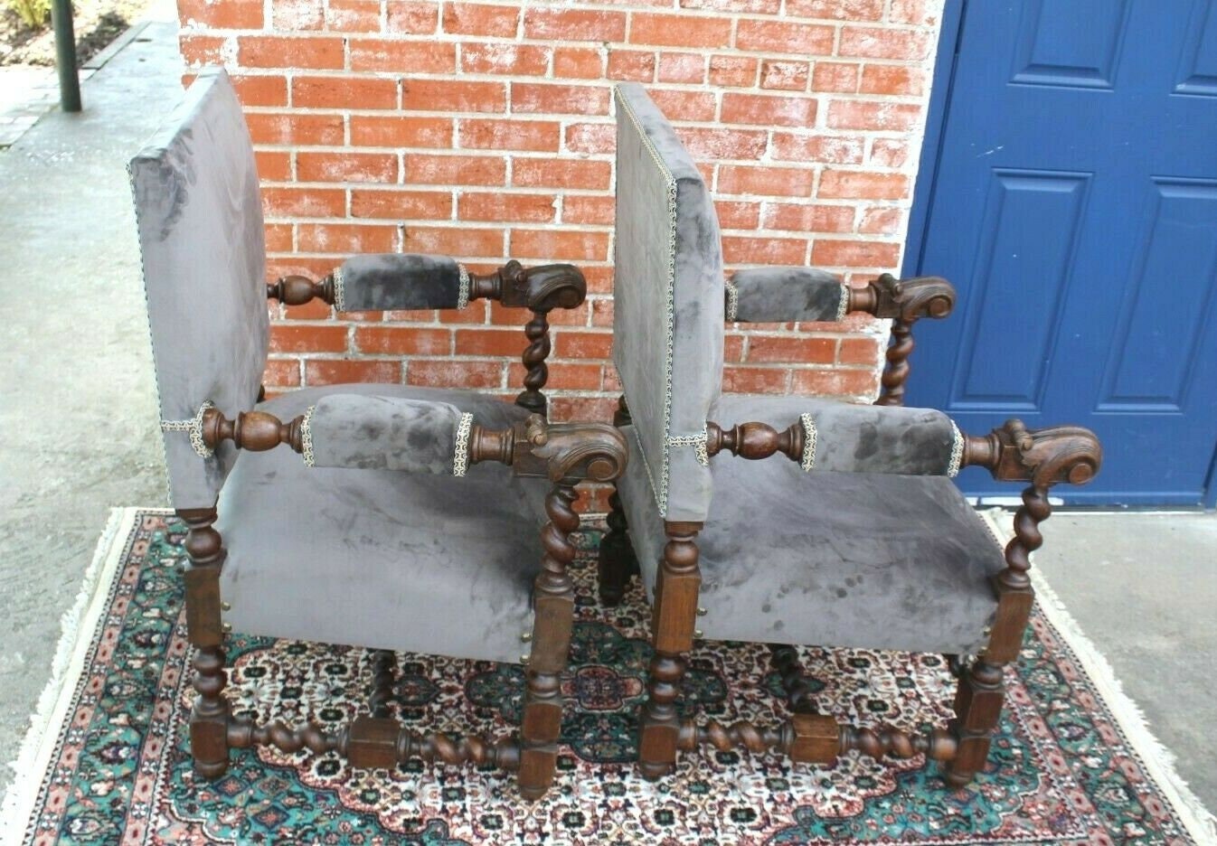 Pair French Antique Oak Louis XIII Armchairs c.1880 Barley Twist Set of 2