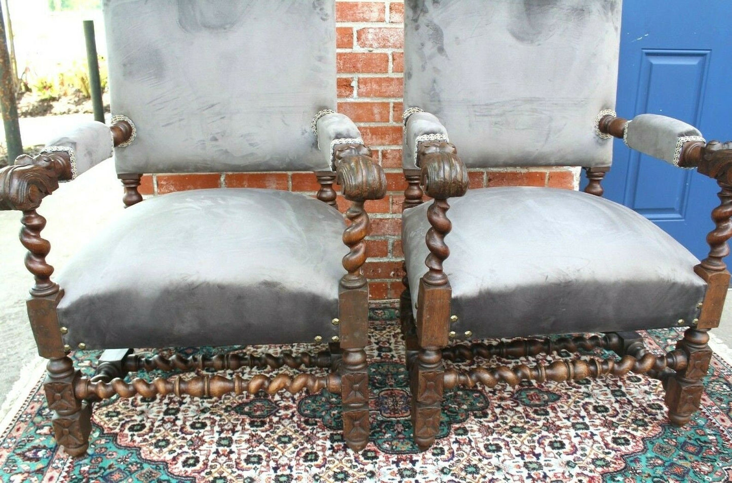 Pair French Antique Oak Louis XIII Armchairs c.1880 Barley Twist Set of 2