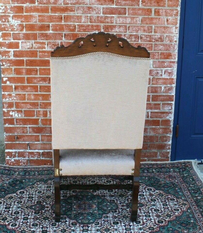 French Antique Carved Oak Armchair Renaissance Style White Gray Upholstery