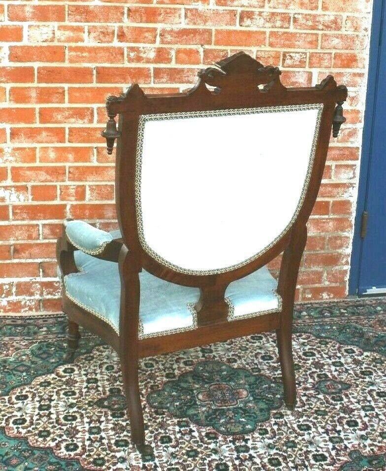 Antique Eastlake Mahogany Armchair w/ New Baby Blue Upholstery c.1880s