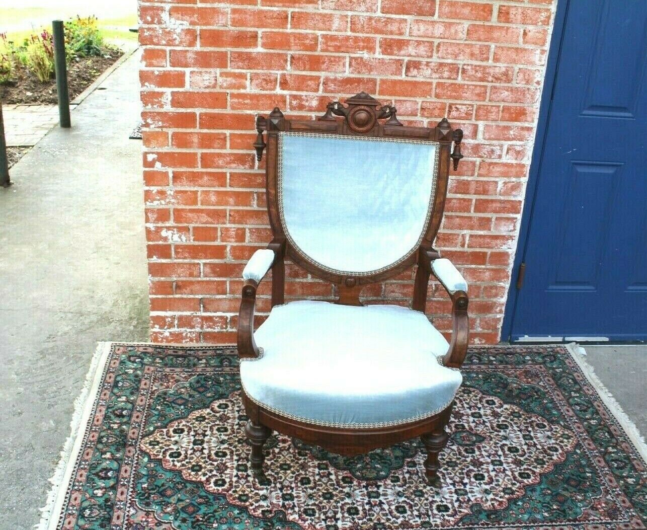 Eastlake Antique Mahogany Armchair w/ New Baby Blue Upholstery c.1880s
