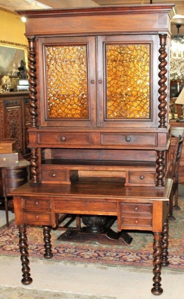 French Louis XIII Secretary Desk | Antique Hutch with Stained Glass Bookcase