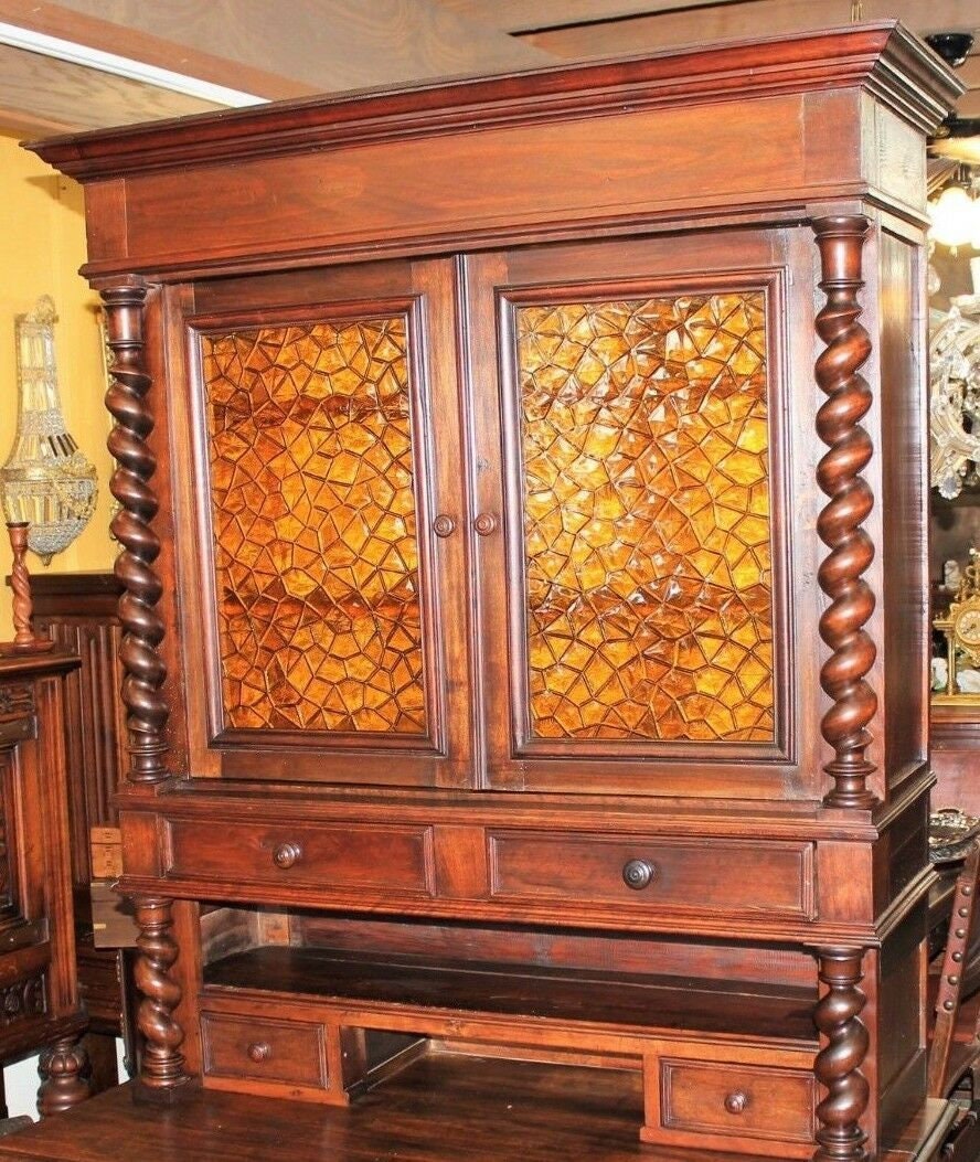 French Louis XIII Secretary Desk | Antique Hutch with Stained Glass Bookcase