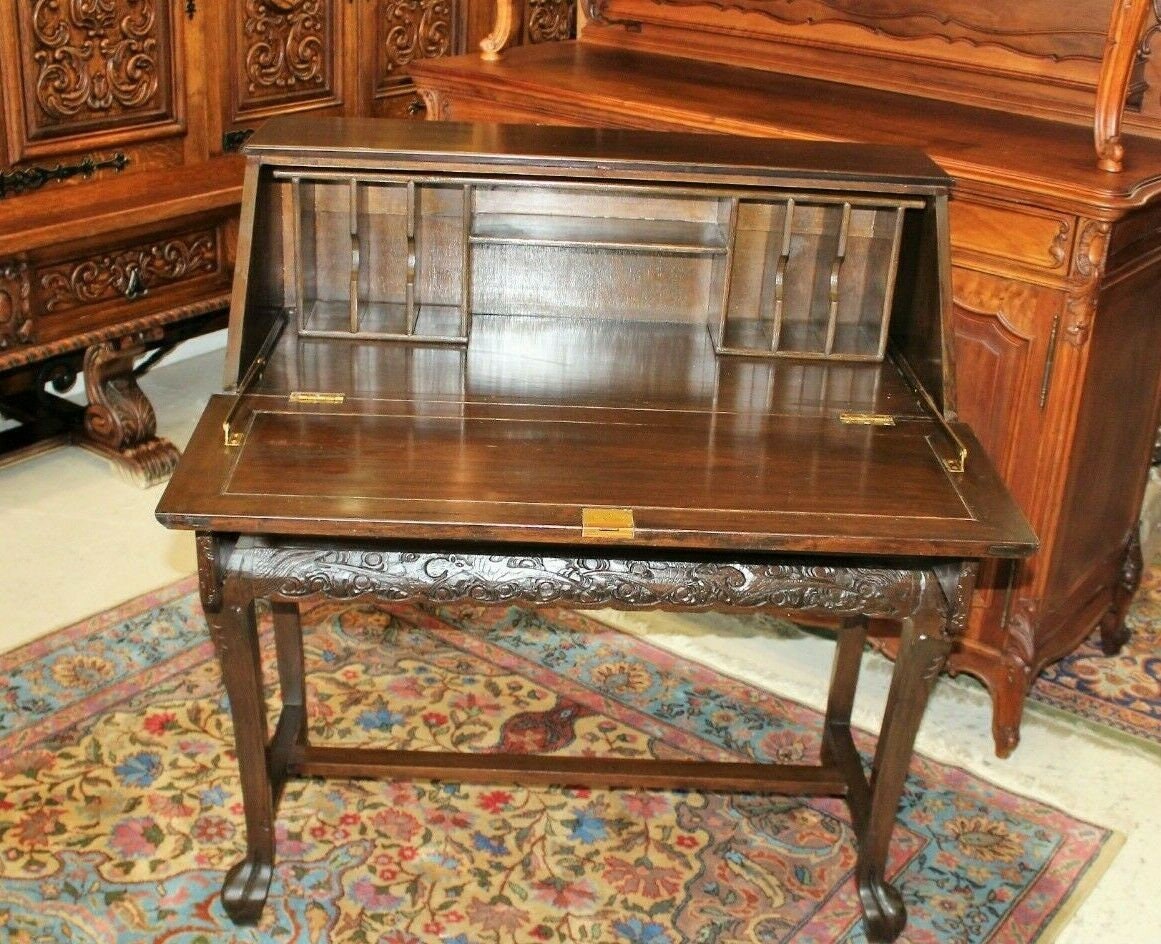 Mahogany Carved Drop Front Desk | Antique 2 Drawer Writing Table Office Decor
