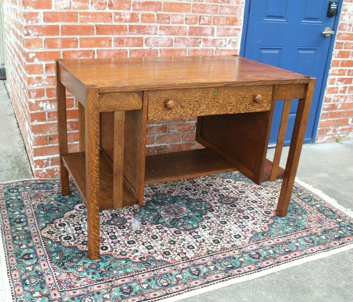 American Antique Tiger Oak Arts & Crafts Writing Desk | 1 Drawer Mission Style