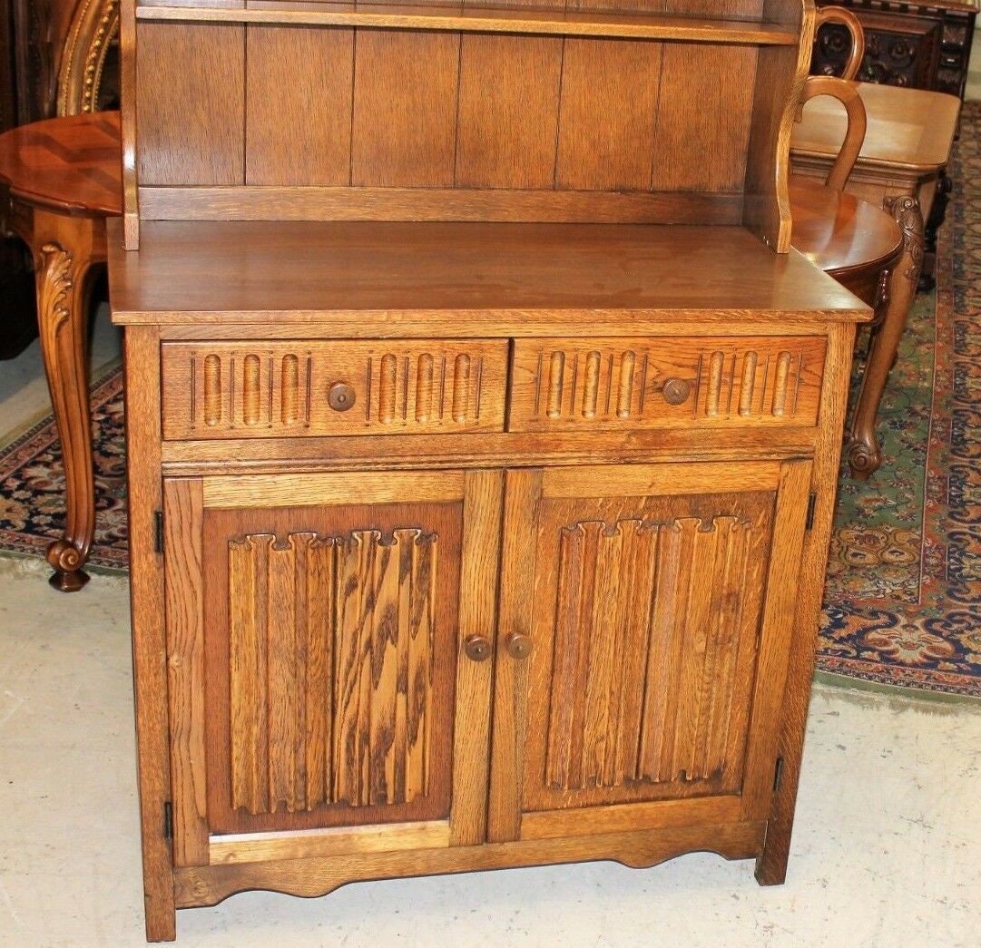 English Oak Wood Brothers Welsh Cabinet w/ Plate Rack & Storage Drawers