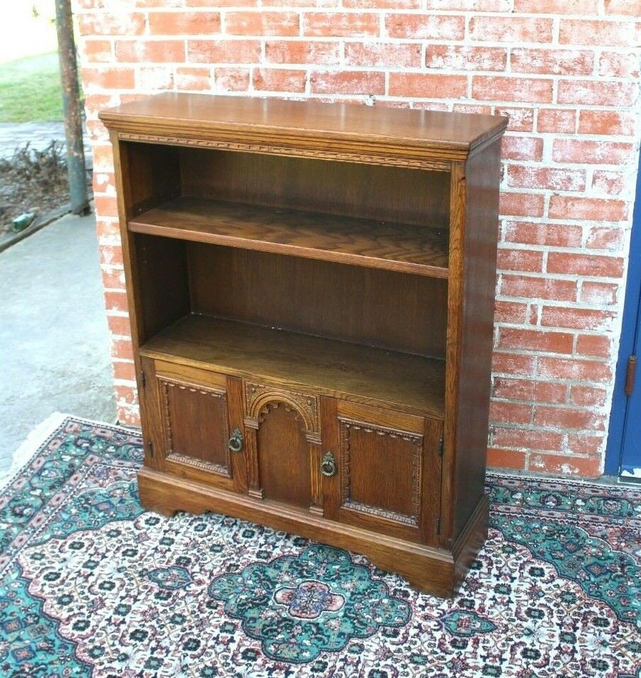 English Antique Oak Bevan Funnell Bookcase | Gothic Carved Cabinet Storage