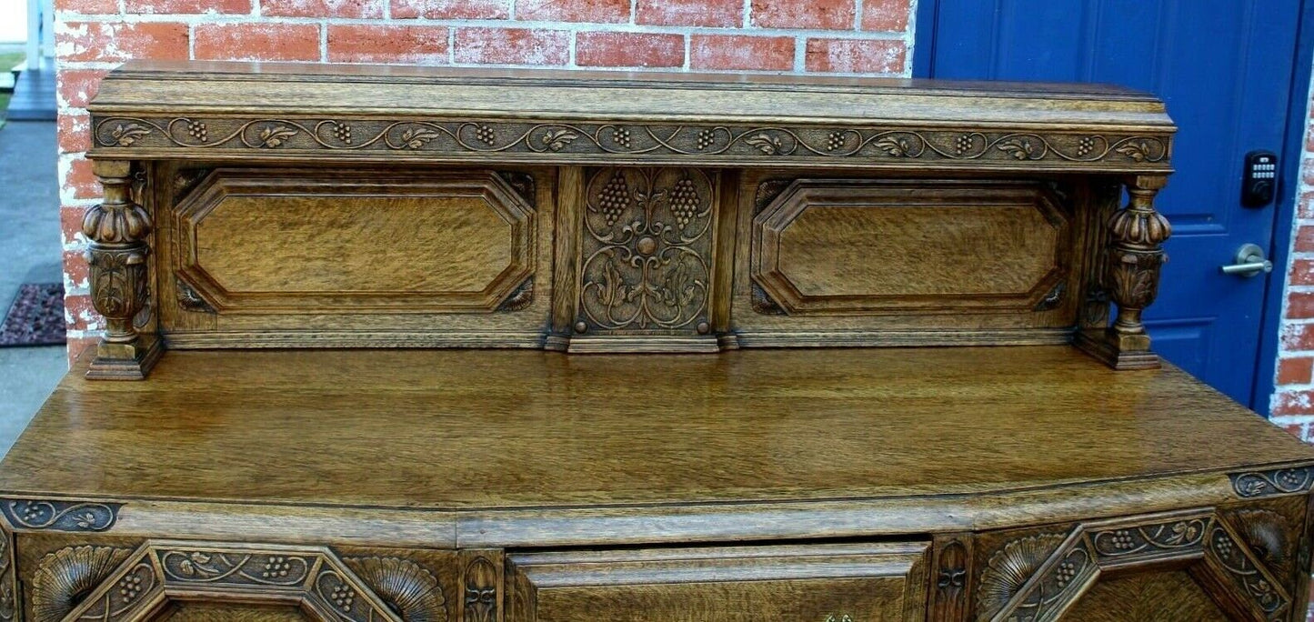 English Antique Tiger Oak Art Deco Sideboard / Small Buffet / Bar Cabinet Console Table | Dining Room Furniture