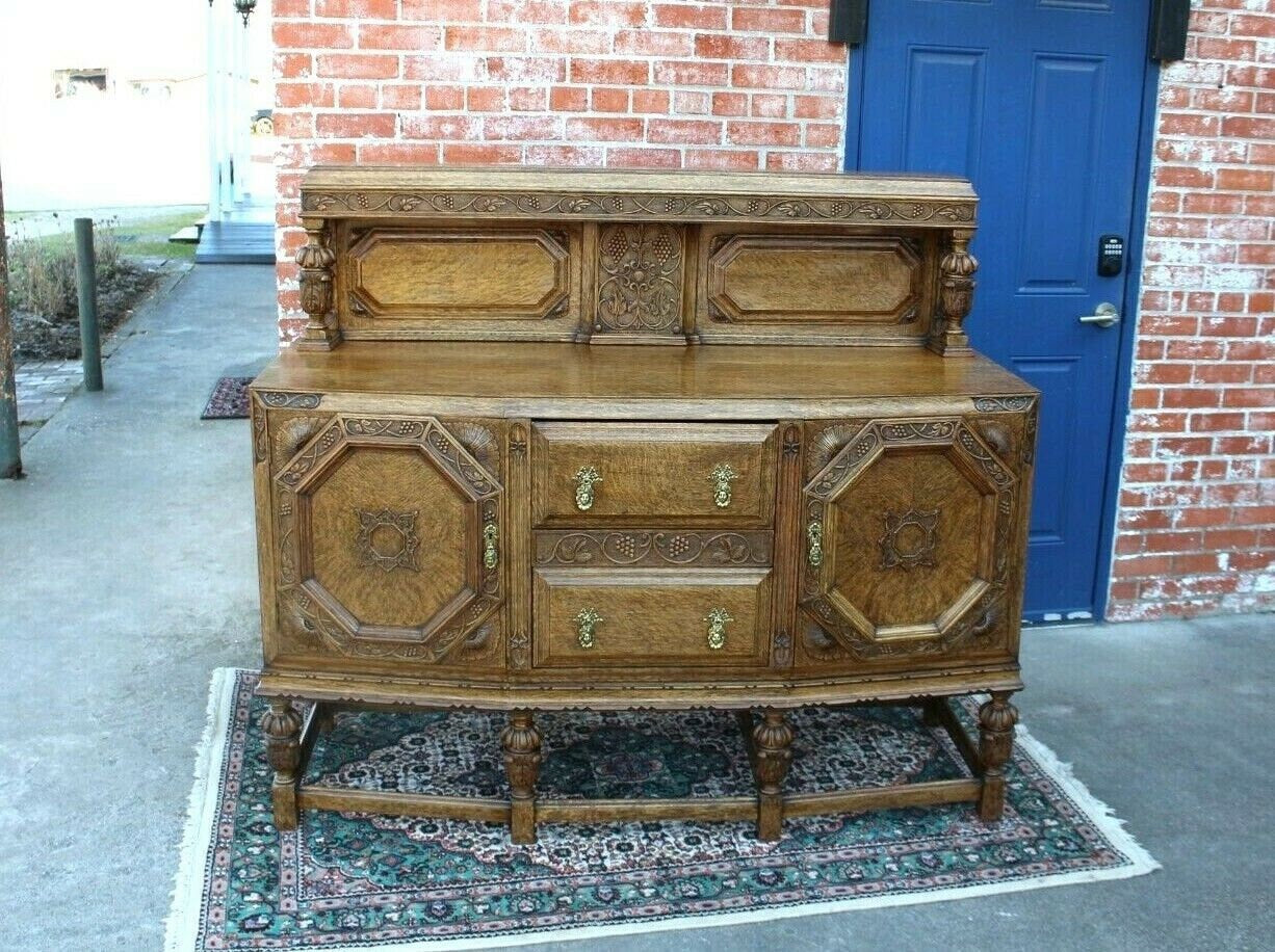English Antique Tiger Oak Art Deco Sideboard / Small Buffet / Bar Cabinet Console Table | Dining Room Furniture