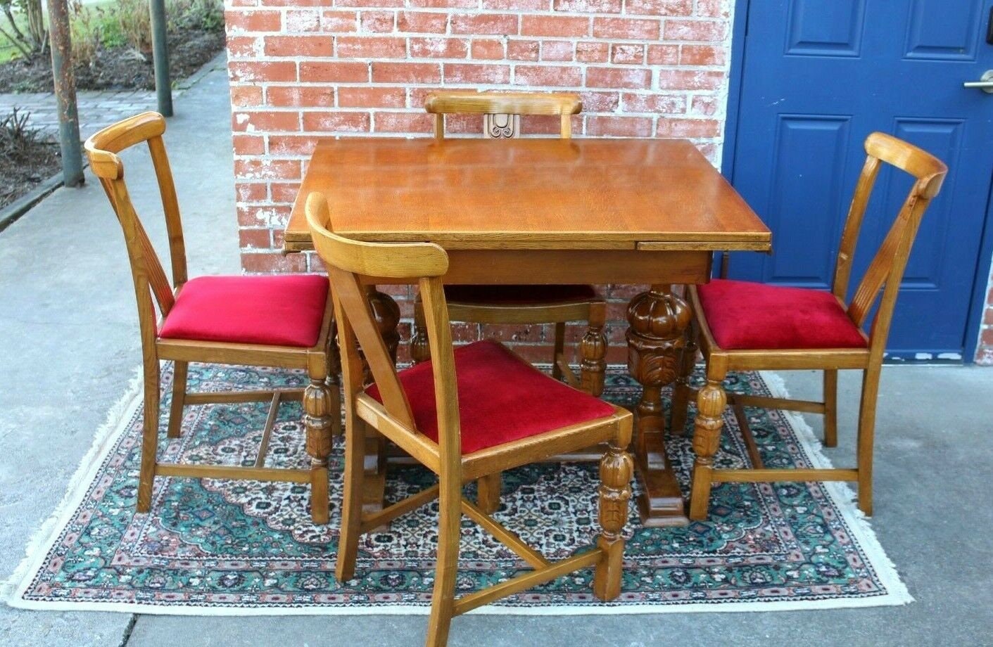 English Antique Oak Art Deco Draw Leaf Table And 4 Chairs | Dining Sets