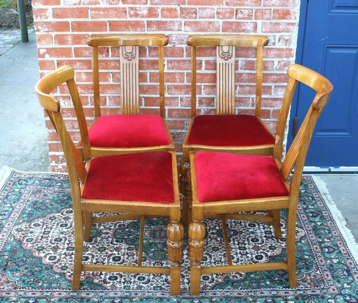 Set of 4 English Oak Art Deco Dining Chairs w/ Red Velvet Seats Antique