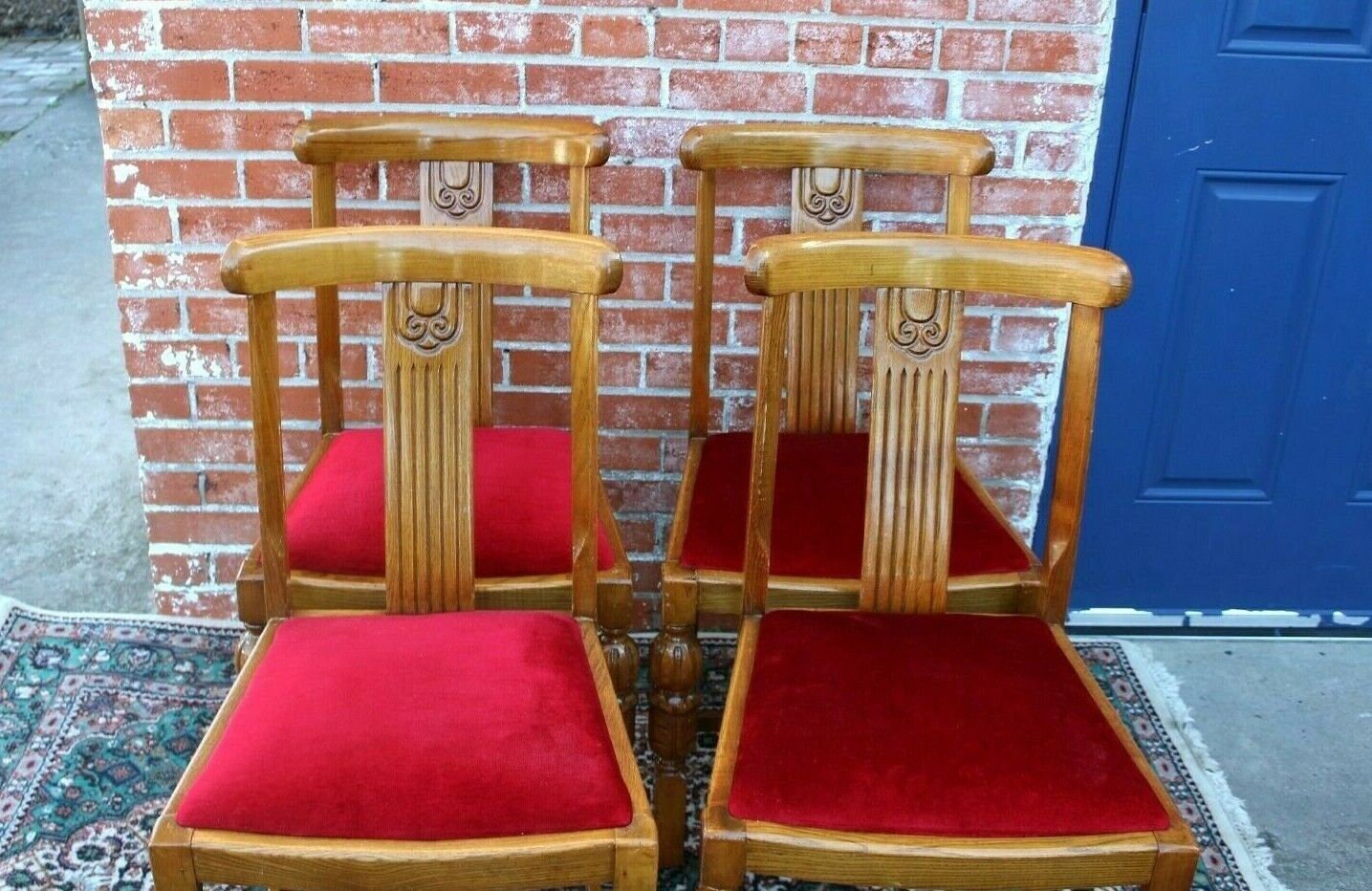 Set of 4 English Oak Art Deco Dining Chairs w/ Red Velvet Seats Antique