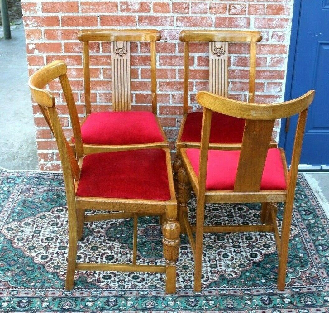 Set of 4 English Oak Art Deco Dining Chairs w/ Red Velvet Seats Antique