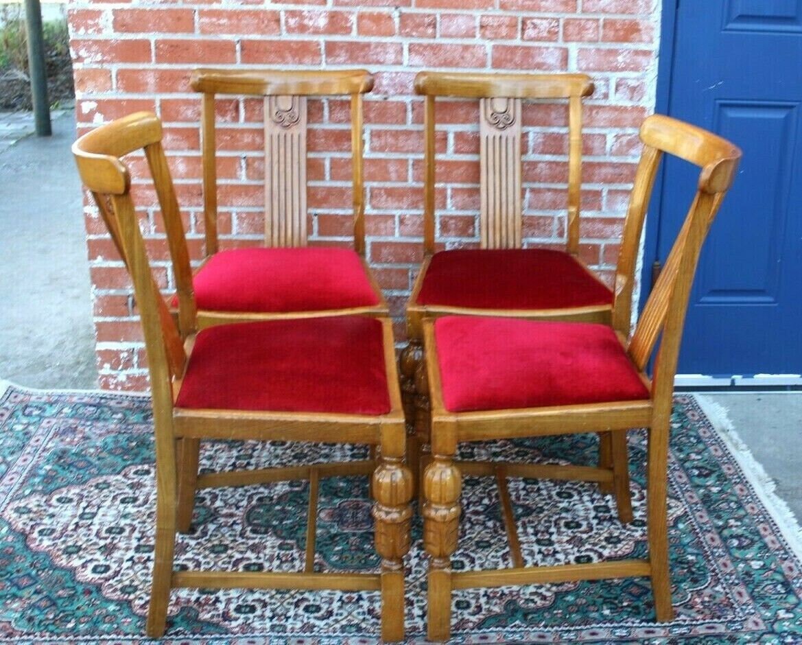 Set of 4 English Oak Art Deco Dining Chairs w/ Red Velvet Seats Antique