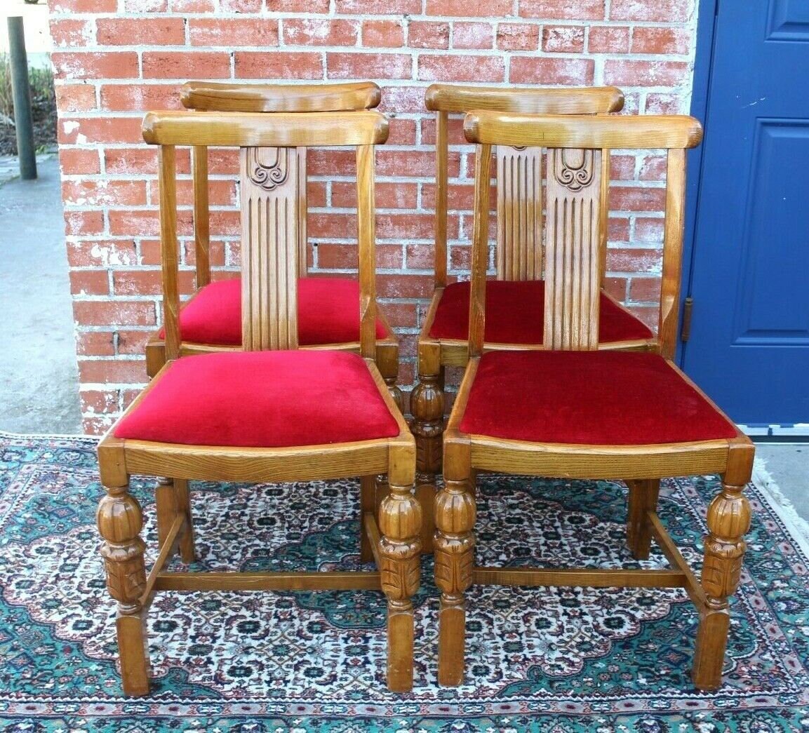 Set of 4 English Oak Art Deco Dining Chairs w/ Red Velvet Seats Antique
