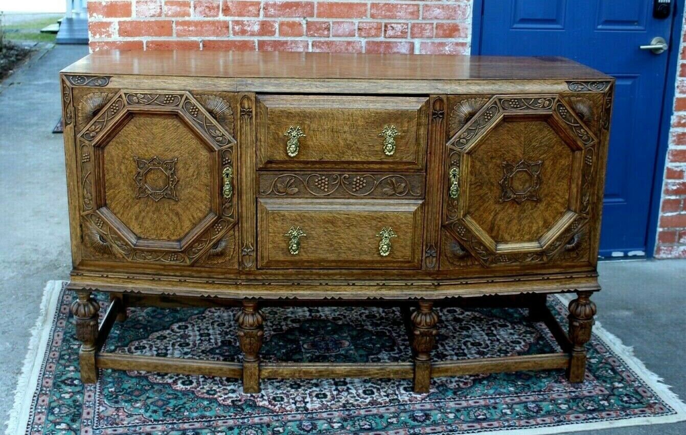 English Antique Tiger Oak Art Deco Sideboard / Small Buffet / Bar Cabinet Console Table | Dining Room Furniture