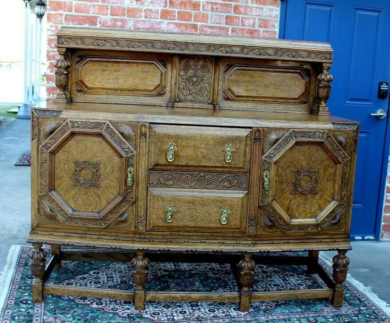 English Antique Tiger Oak Art Deco Sideboard / Small Buffet / Bar Cabinet Console Table | Dining Room Furniture