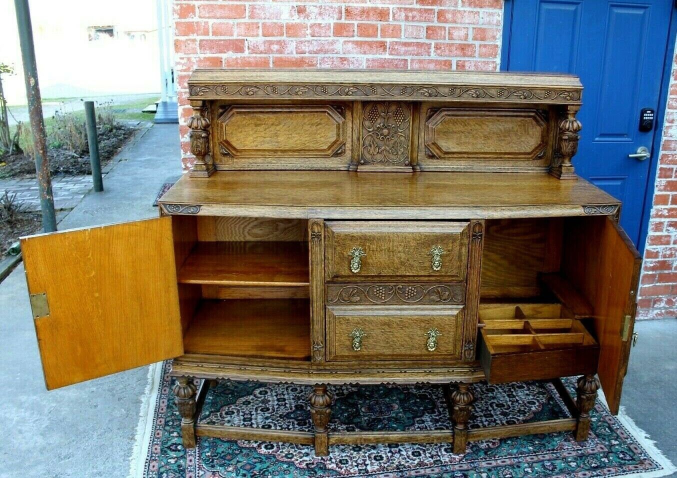 English Antique Tiger Oak Art Deco Sideboard / Small Buffet / Bar Cabinet Console Table | Dining Room Furniture