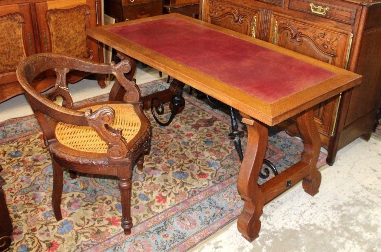 French Antique Oak Renaissance Writing Desk | Spanish Style Iron Base Table