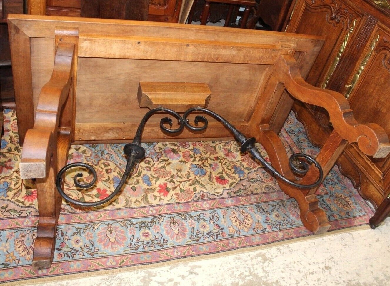 French Antique Oak Renaissance Writing Desk | Spanish Style Iron Base Table
