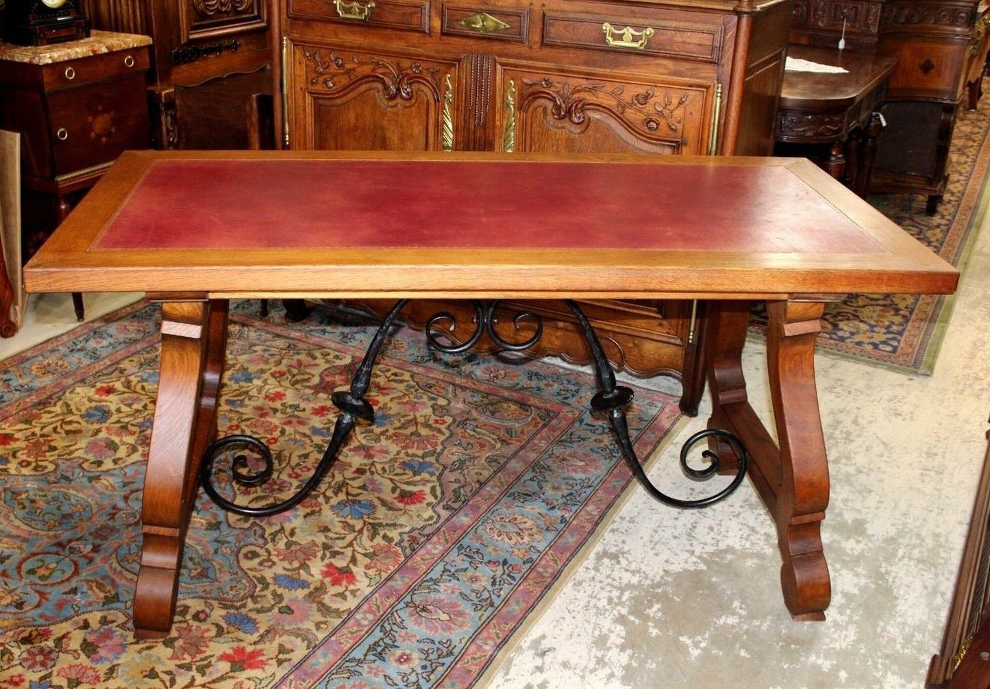 French Antique Oak Renaissance Writing Desk | Spanish Style Iron Base Table