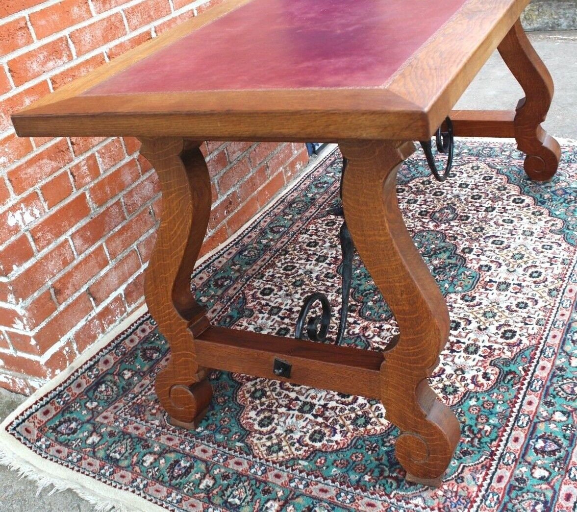 French Antique Oak Renaissance Writing Desk | Spanish Style Iron Base Table