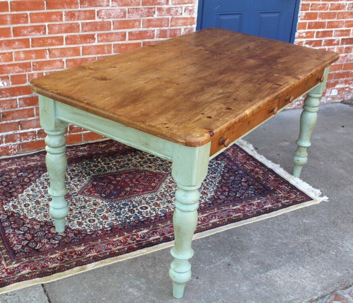 English Antique Pine Desk Table w/ 2 Drawers & Turned Legs β Rustic Charm
