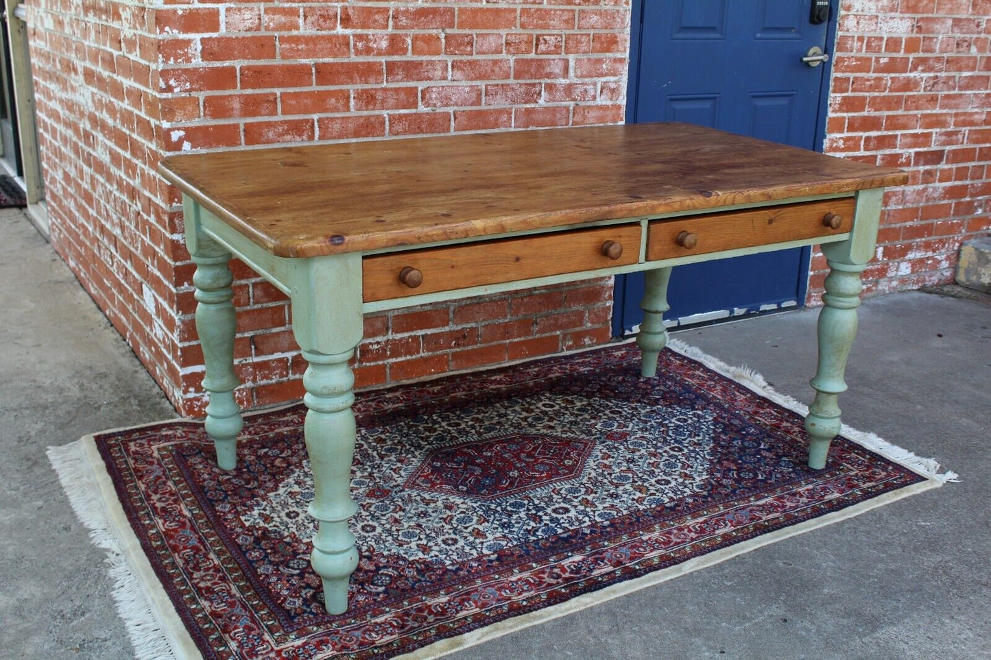 English Antique Pine Desk Table w/ 2 Drawers & Turned Legs β Rustic Charm